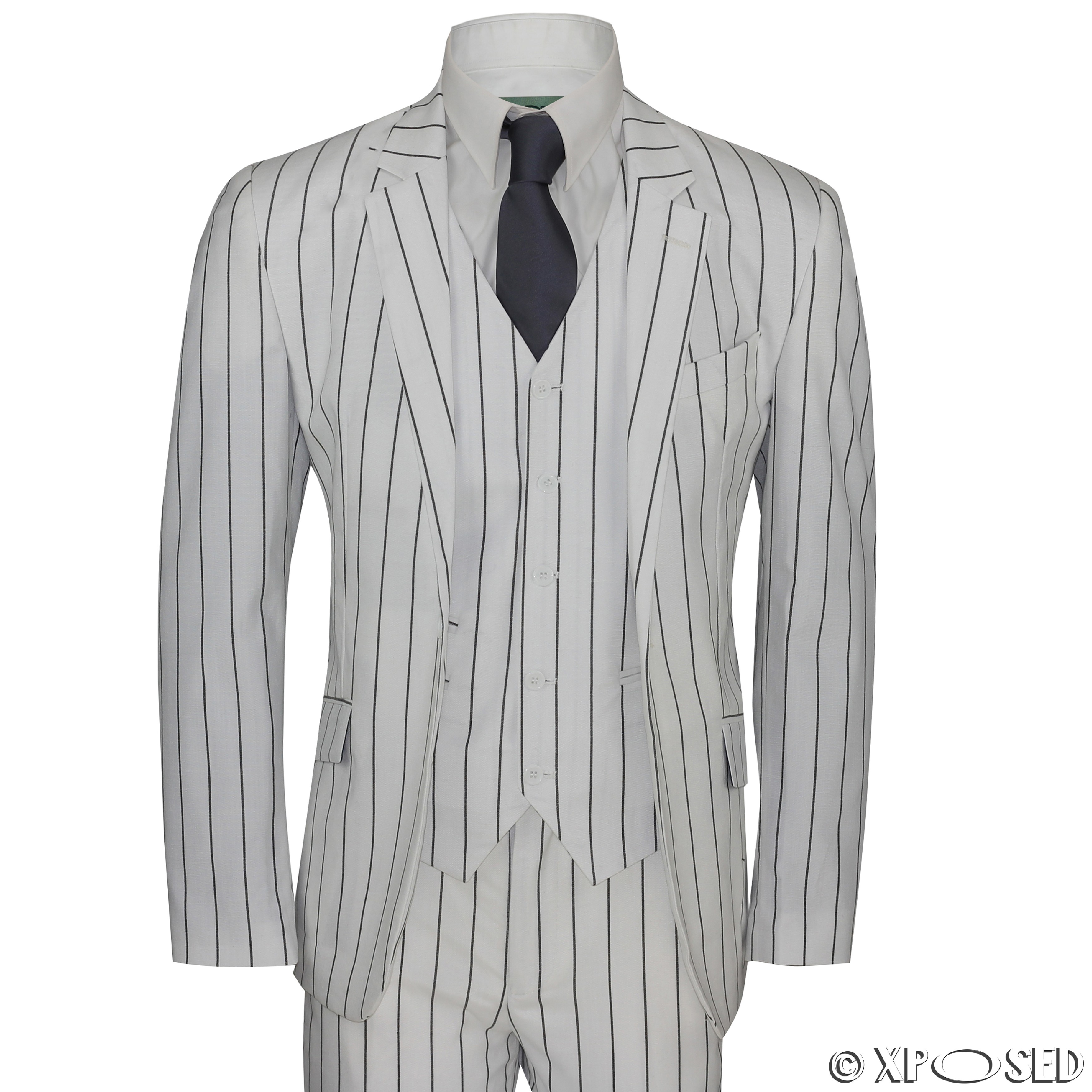 Mens White 3 Piece Black Pinstripe Cotton Linen Blend Tailored Fit